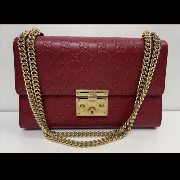 Gucci Burgundy Leather Shoulder Bag with Gold Chain - Picture 1 of 8